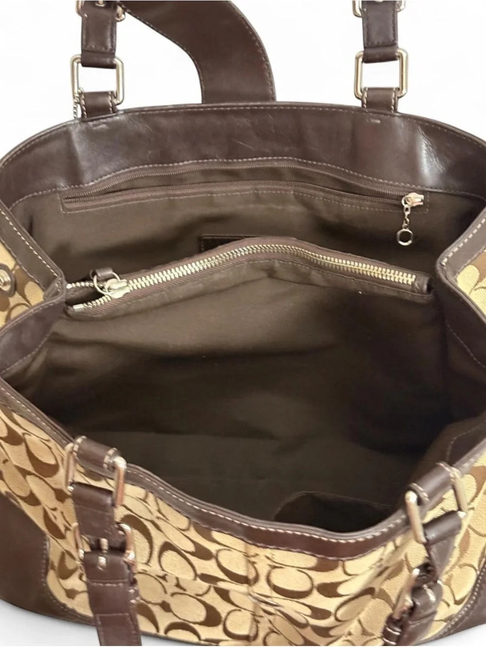 Coach Brown Signature Canvas Shoulder Bag with Dark Brown Trim